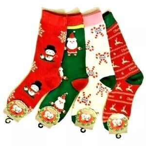 4 pr. Woman's Christmas Crew Socks 9-11 Snowman, Santa, Reindeer, & Candy Canes